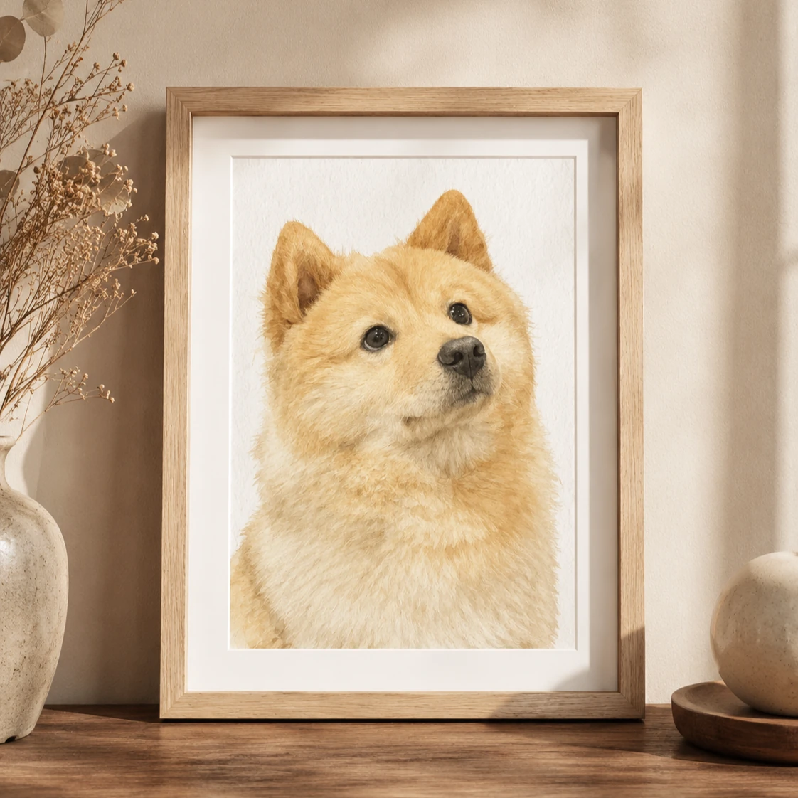 Custom Shiba Inu watercolor pet portrait in wooden frame