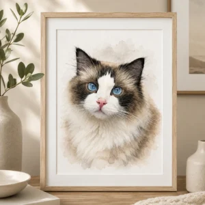 Custom blue eyed cat watercolor portrait in wooden frame