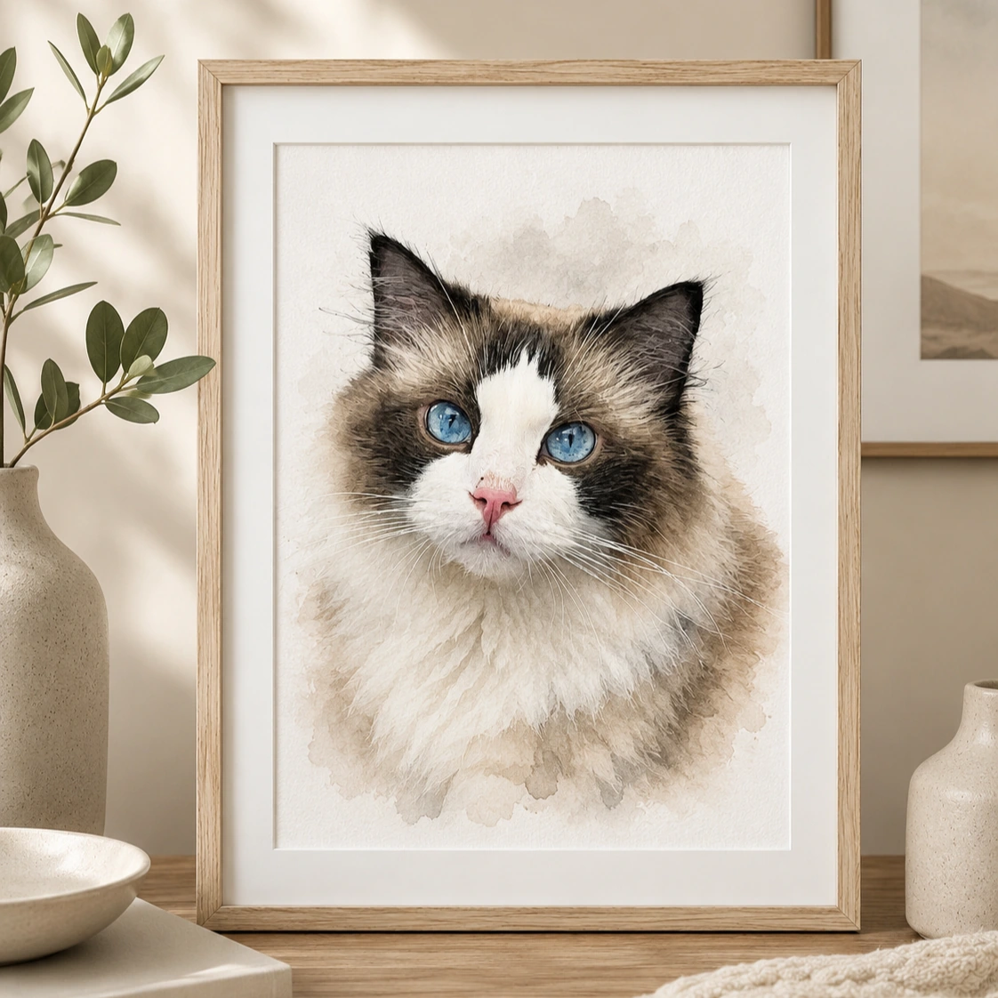 Custom blue eyed cat watercolor portrait in wooden frame