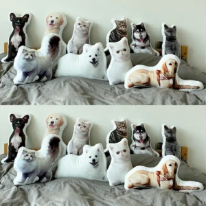 Custom cat and dog shaped pillows displayed on a bed