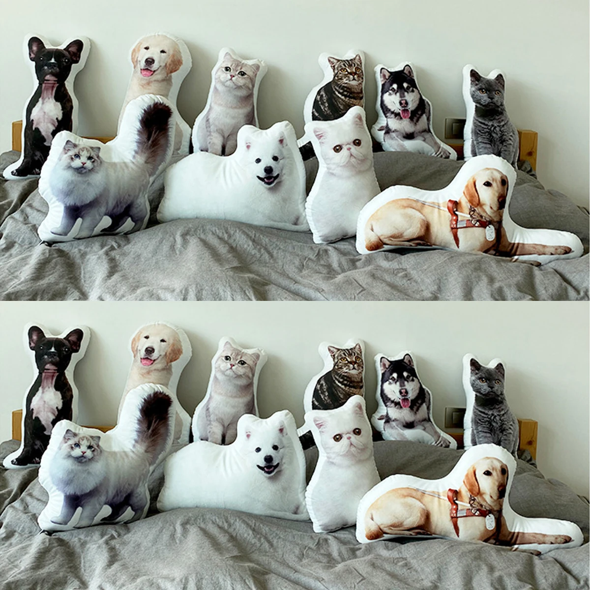 Custom cat and dog shaped pillows displayed on a bed