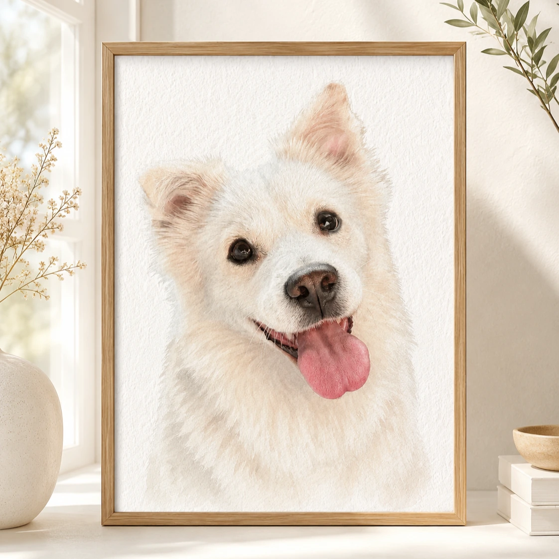 Custom happy white dog watercolor portrait in wooden frame
