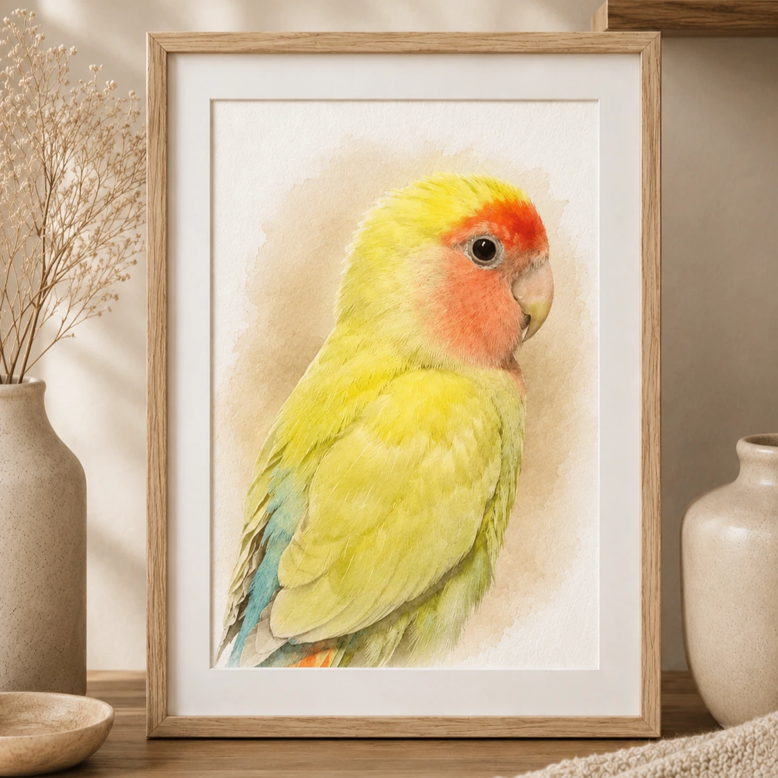 Custom lovebird watercolor pet portrait in wooden frame