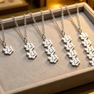Custom paw print name necklaces displayed in jewelry tray