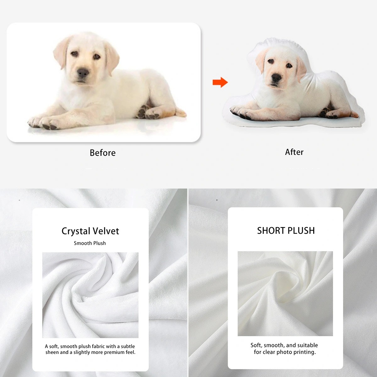 Custom pet pillow photo example and fabric options guide