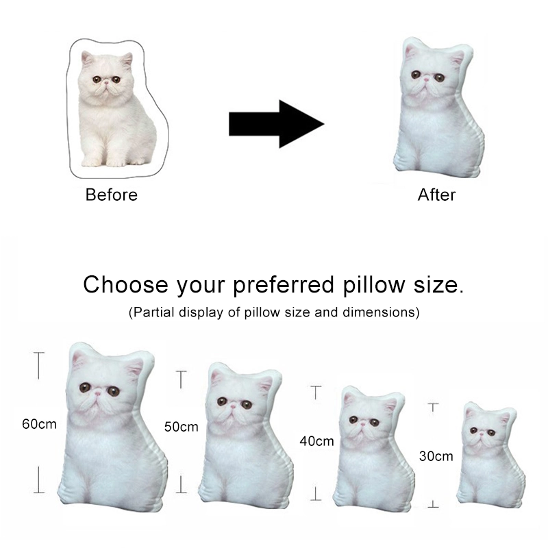 Custom pet pillow size guide with before and after example