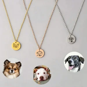 Custom pet portrait necklaces in gold, rose gold, and silver