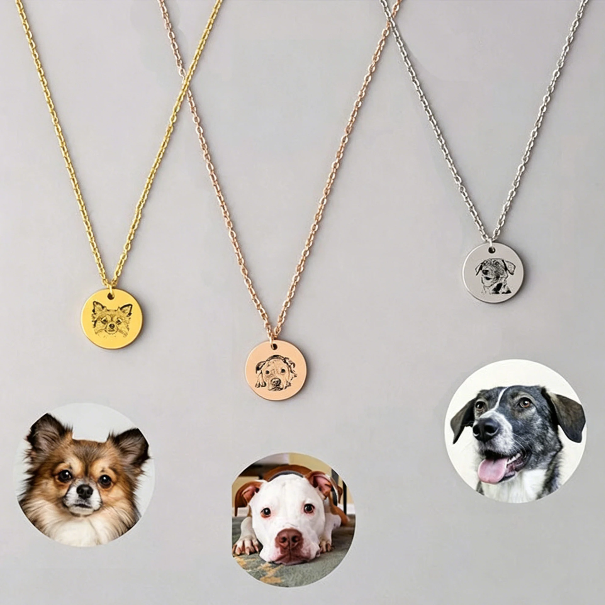 Custom pet portrait necklaces in gold, rose gold, and silver