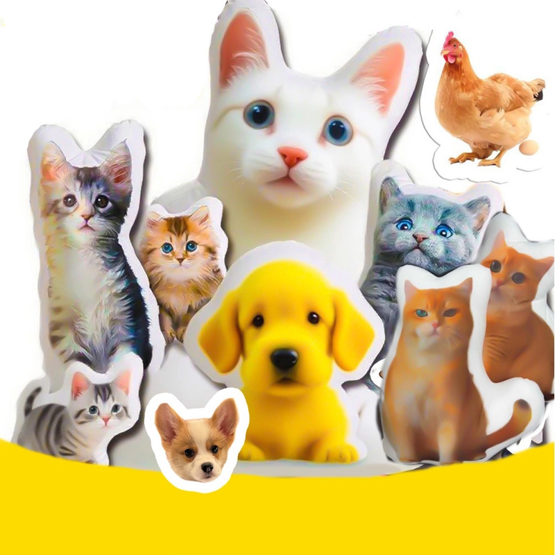 Custom pet shaped pillows featuring cats, dogs, and animals