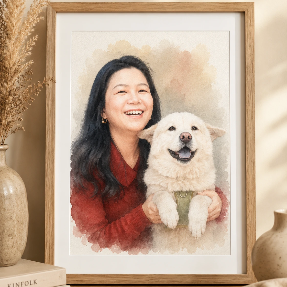 Custom portrait of woman with white dog in wooden frame