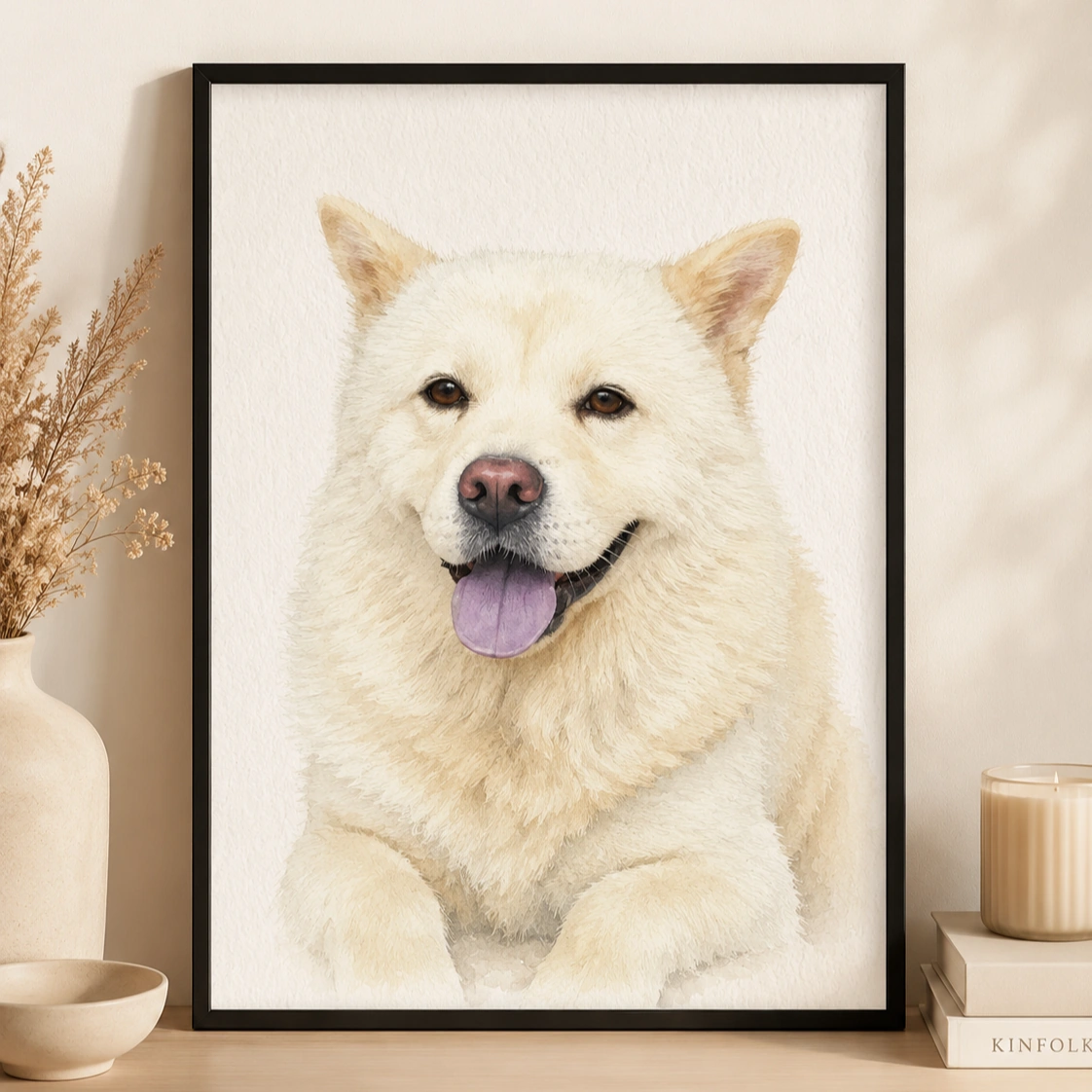 Custom smiling white dog watercolor portrait in black frame