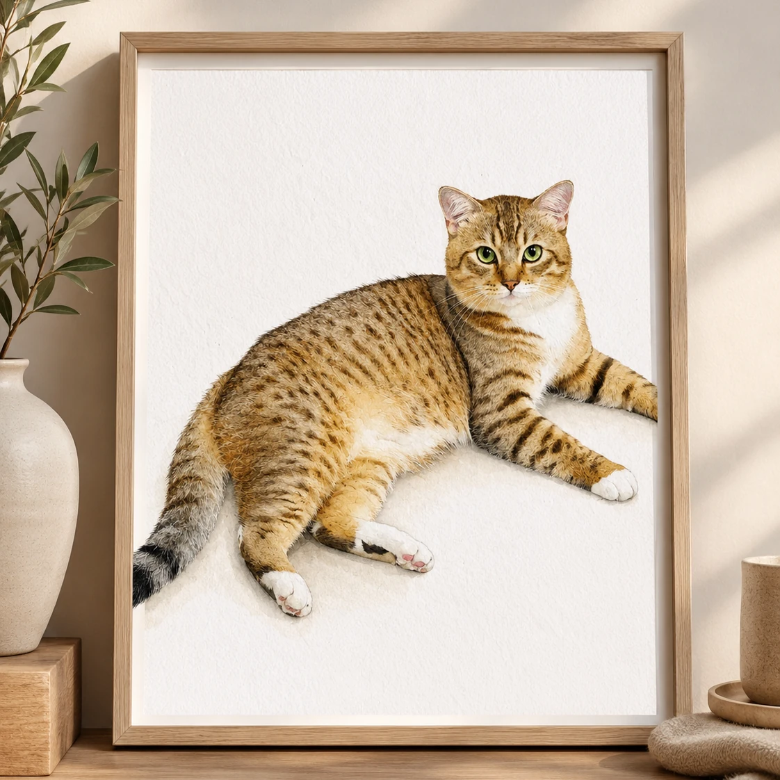Custom hand painted pet portraits tabby cat watercolor pet portrait in wooden frame