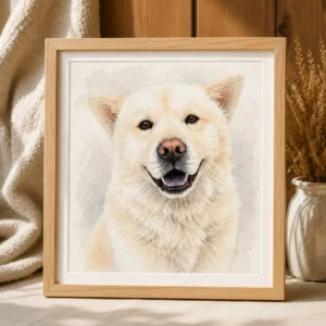 Custom white dog watercolor pet memorial portrait in wooden frame