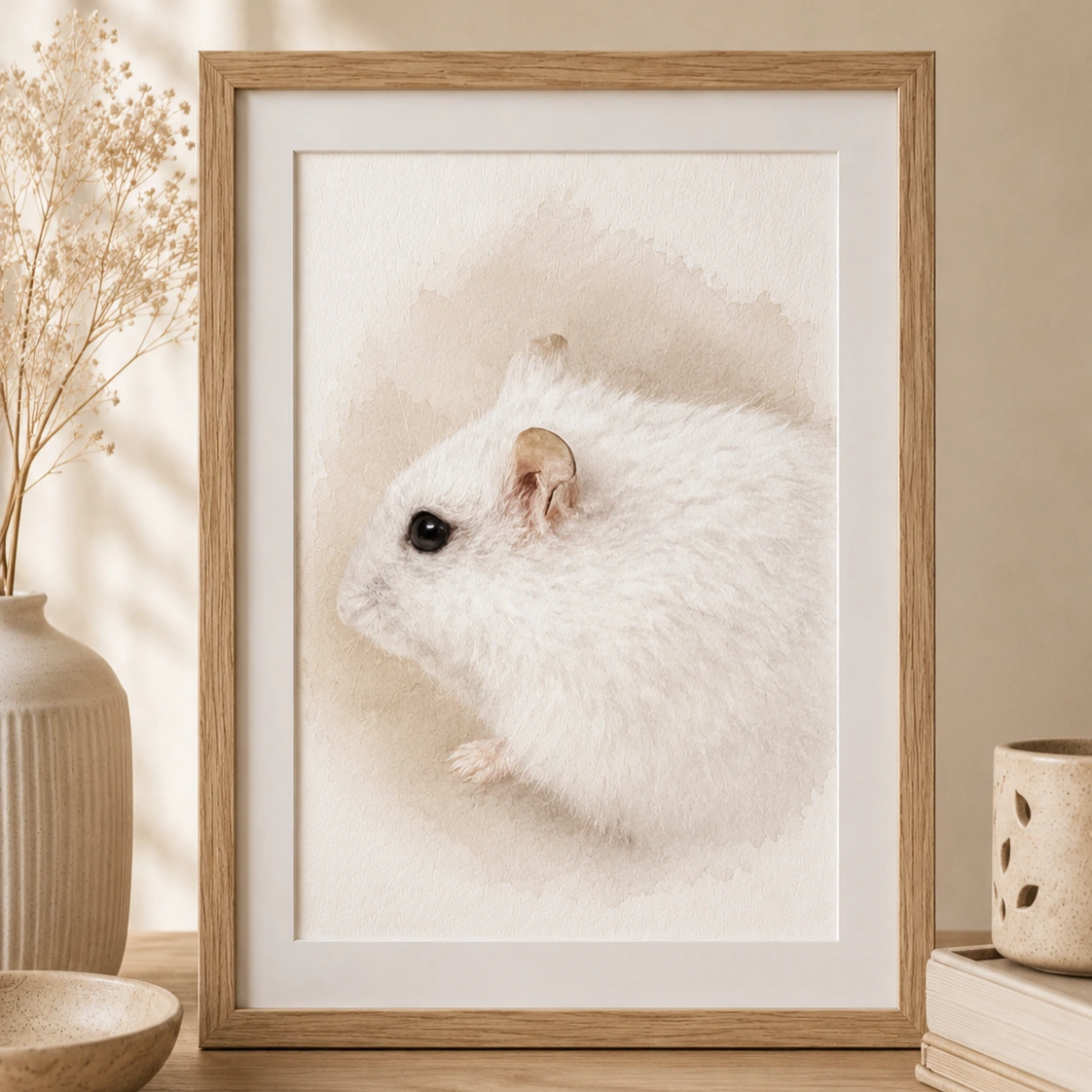 Custom white hamster watercolor pet portrait in wooden frame