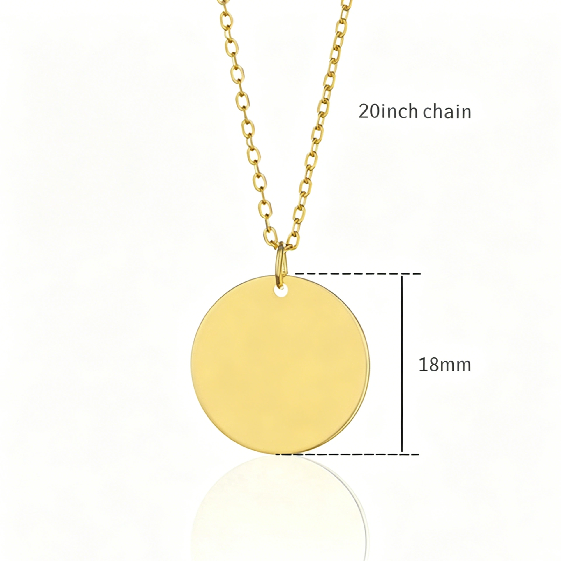 Gold custom pet photo necklace size guide with round pendant