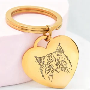 Gold heart pet keychain with custom engraved cat portrait