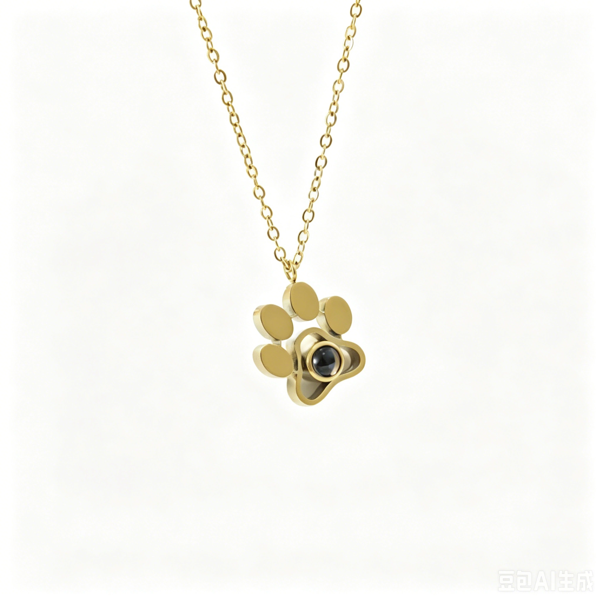 Gold paw photo projection necklace on white jewelry stand
