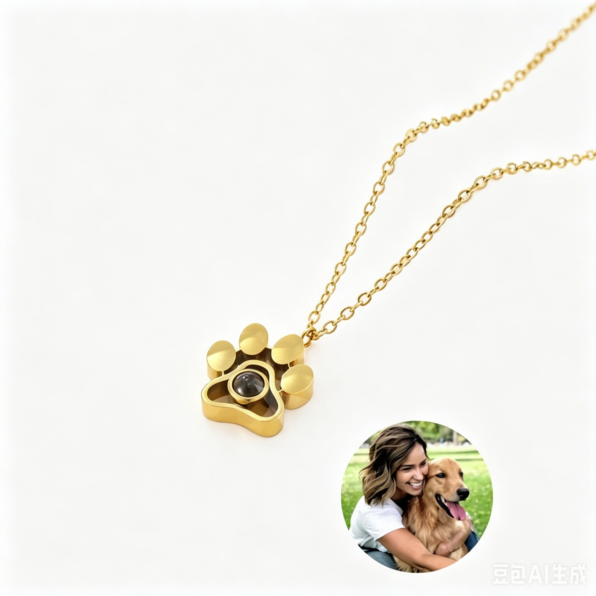 Gold paw projection necklace with custom pet photo preview