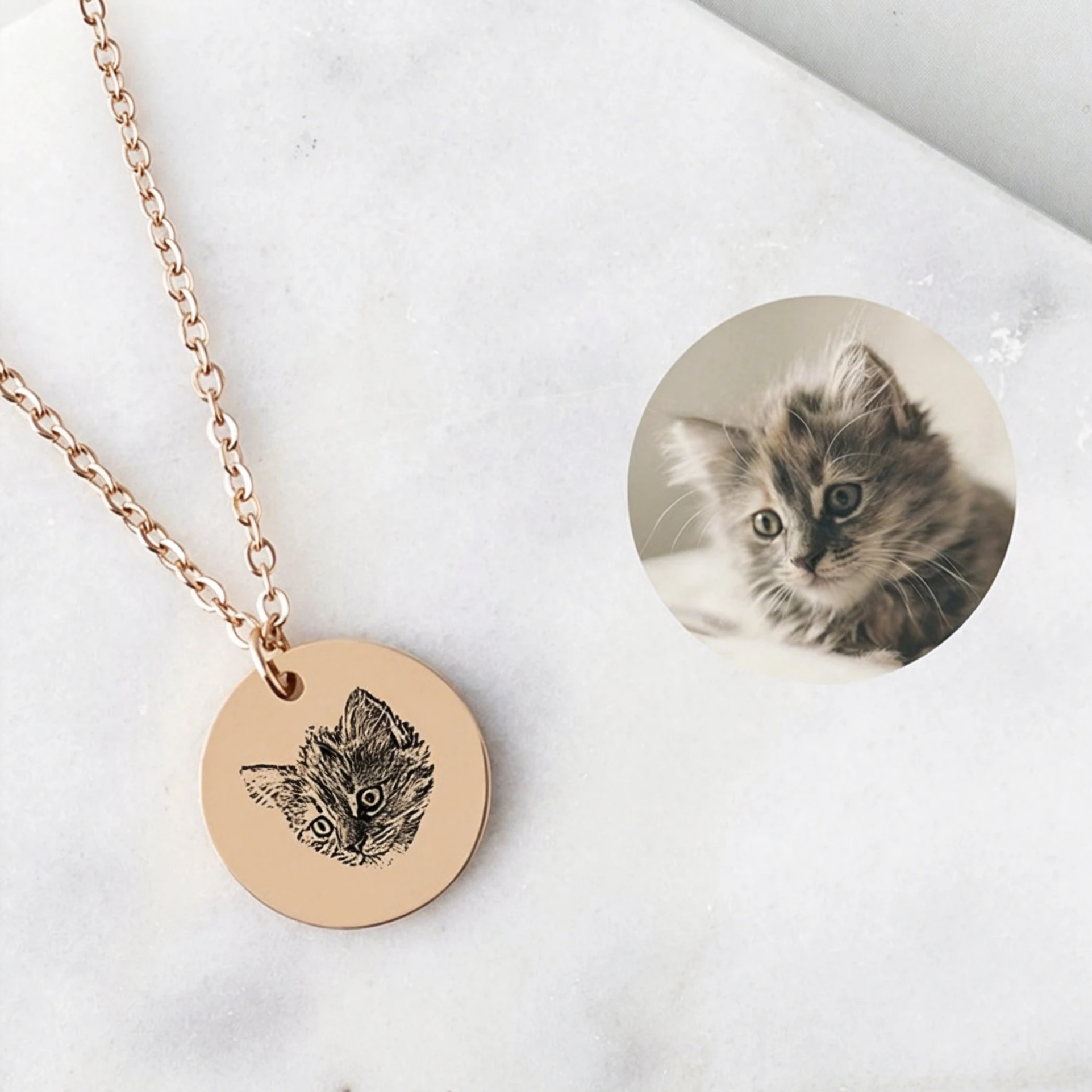 Rose gold custom cat photo necklace with engraved portrait