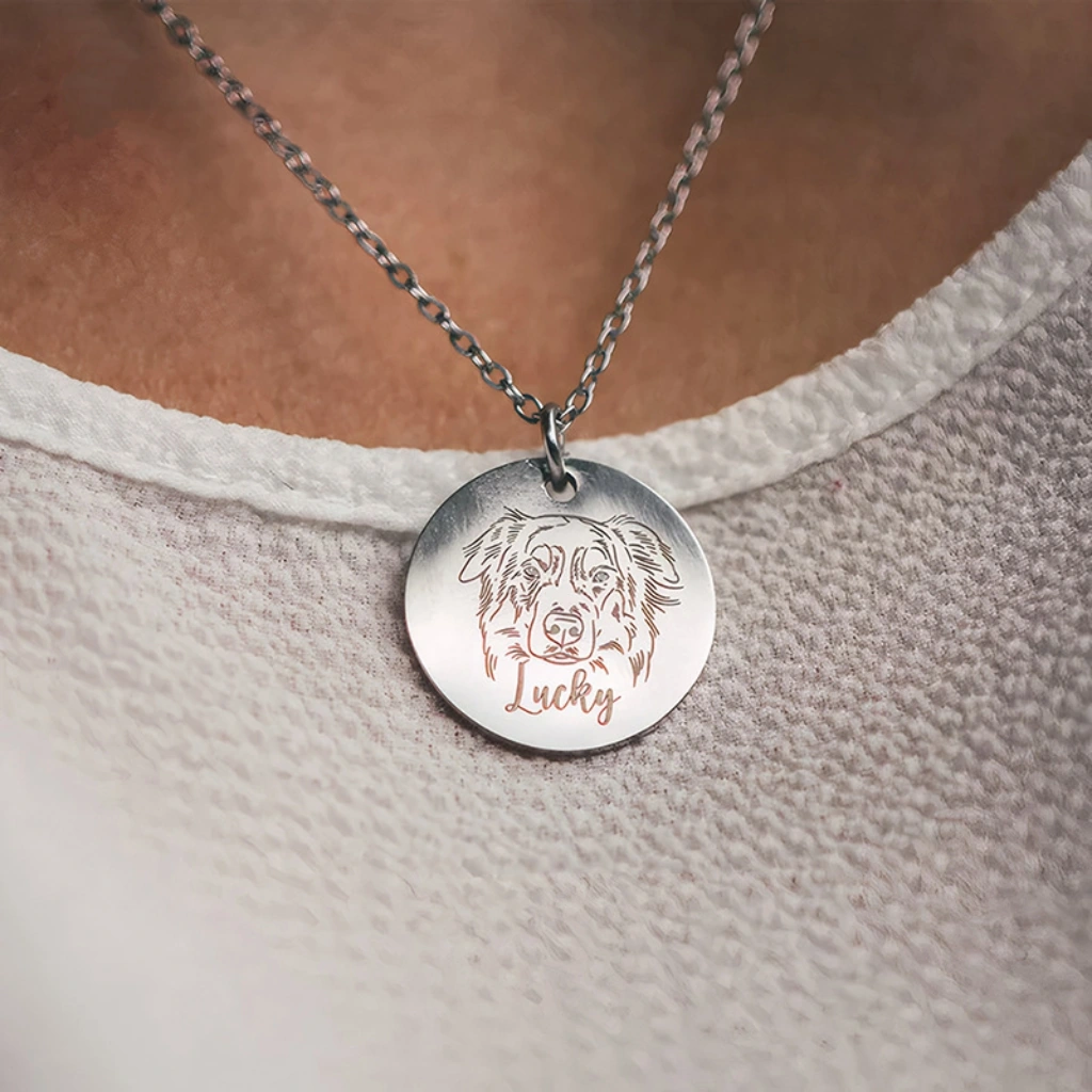 Silver custom pet portrait necklace worn on model