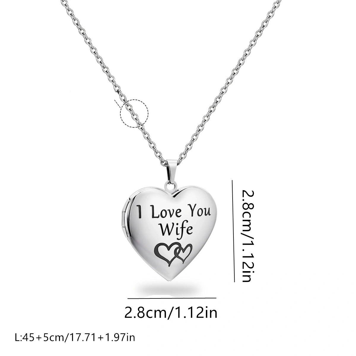 Silver heart locket necklace size guide with love quote TEP-NL-001