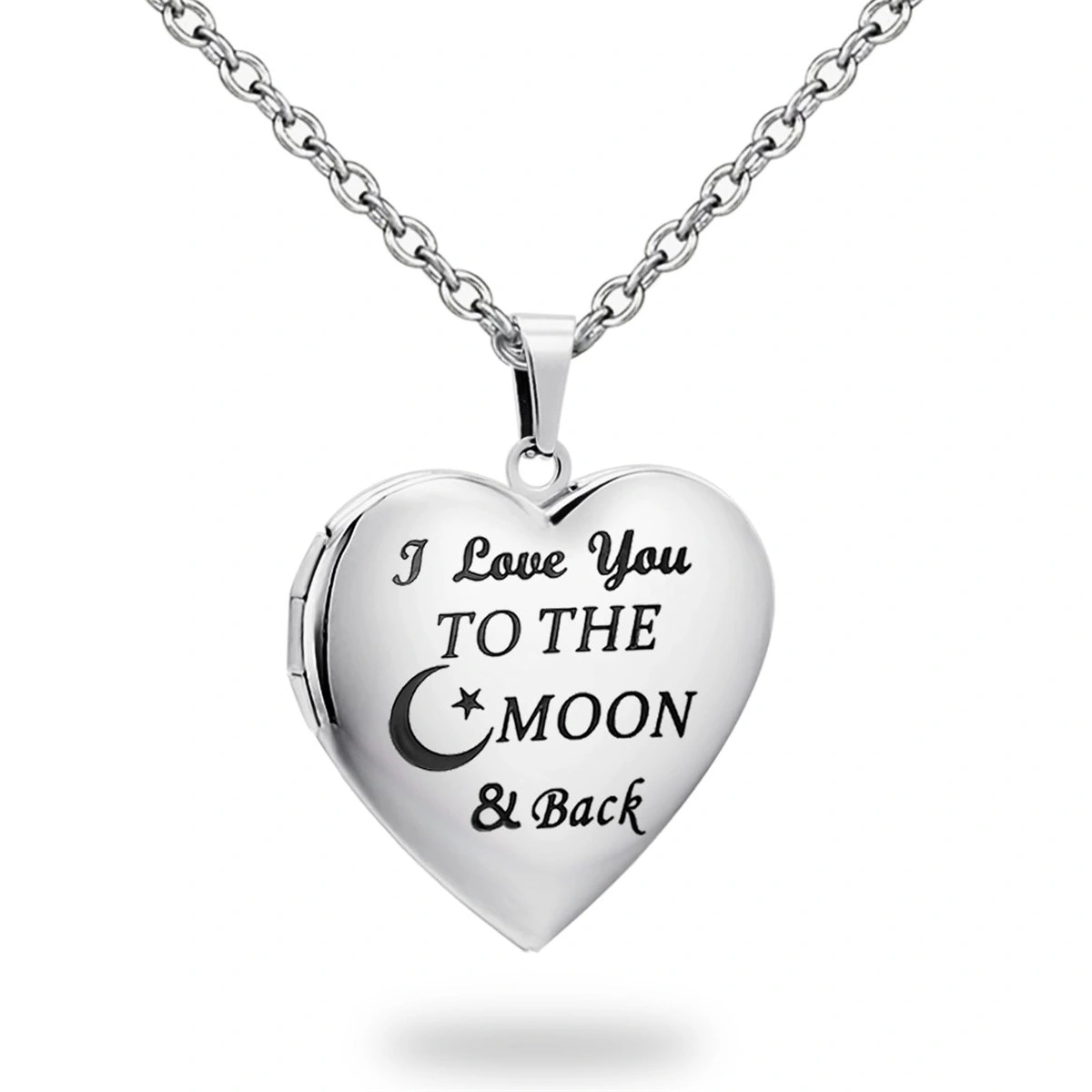 Silver heart memorial locket with moon and love quote