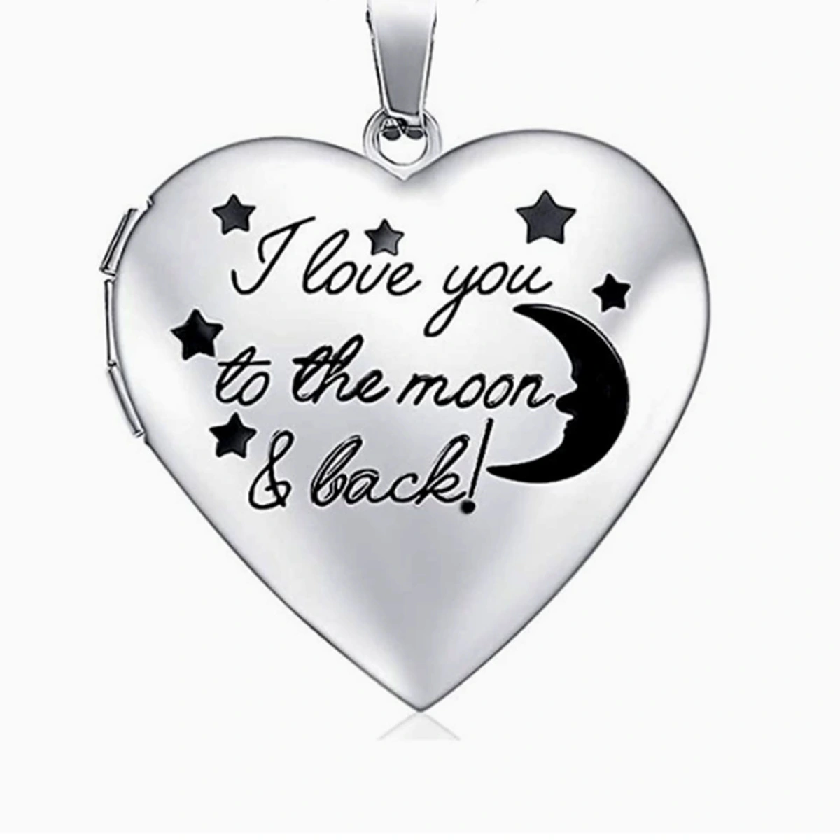 Silver heart memorial locket with moon and stars love quote