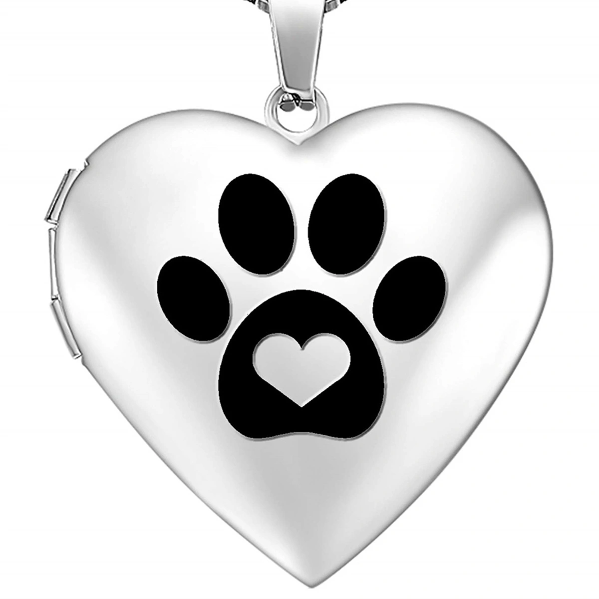 Silver heart pet memorial locket with paw print and heart