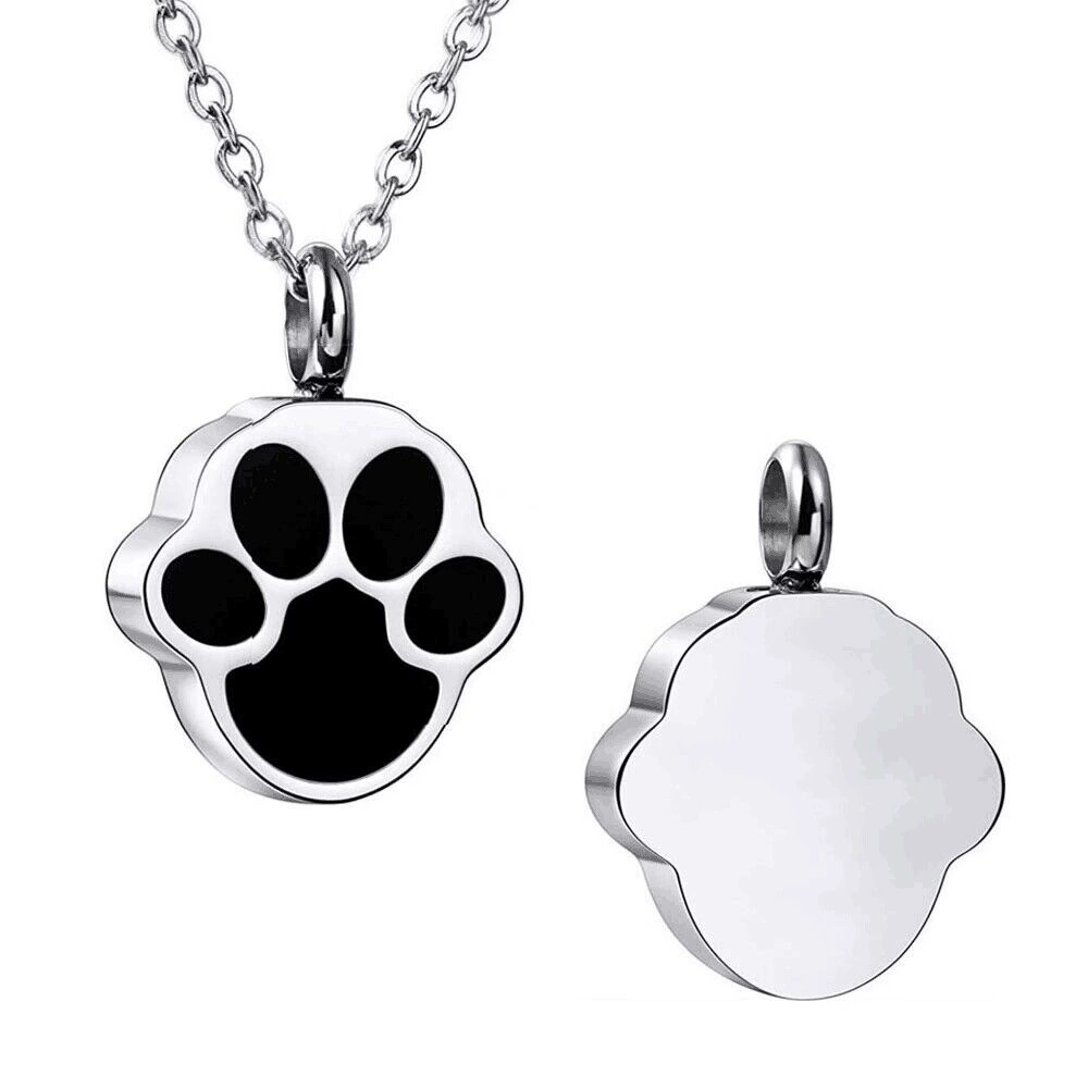 Silver paw print pet memorial necklace front and back view