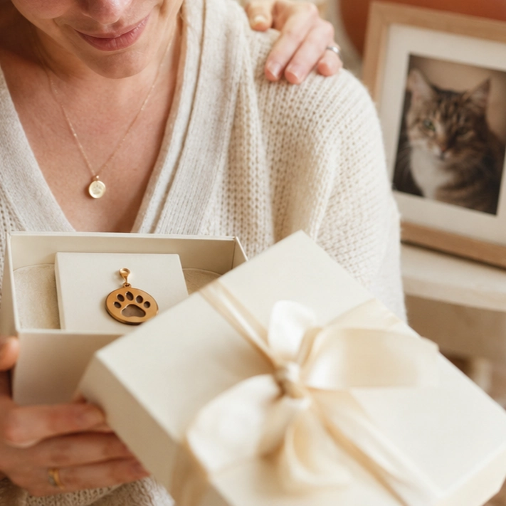 Sisters opening a pet memorial gift in memory of Luna