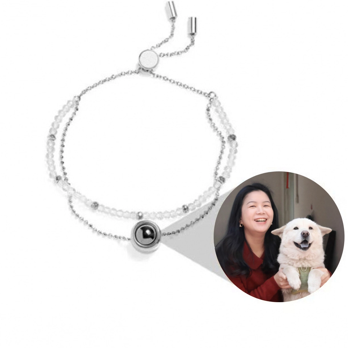 White photo projection bracelet with custom pet picture