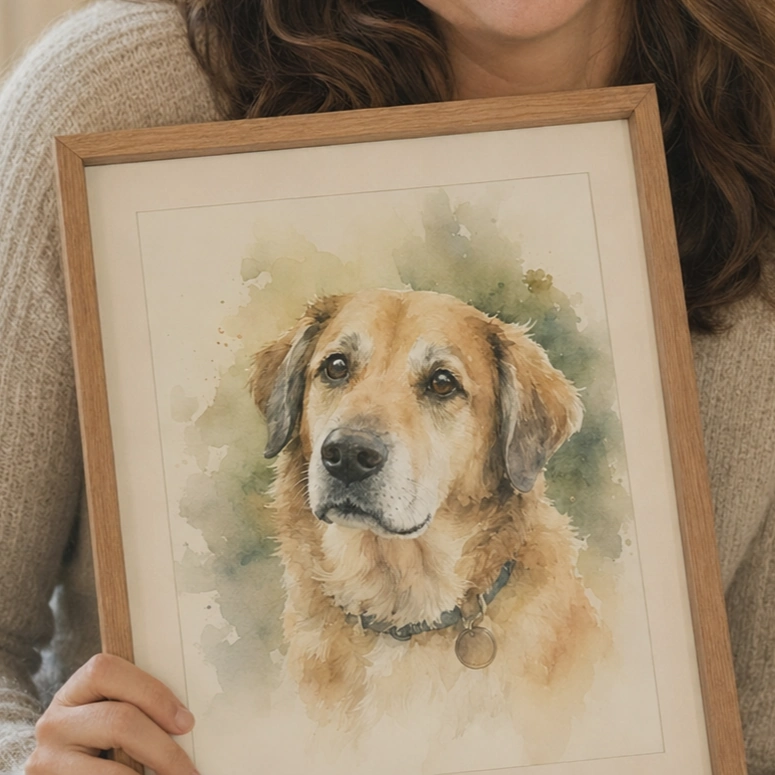 Woman holding a custom pet portrait in memory of Max