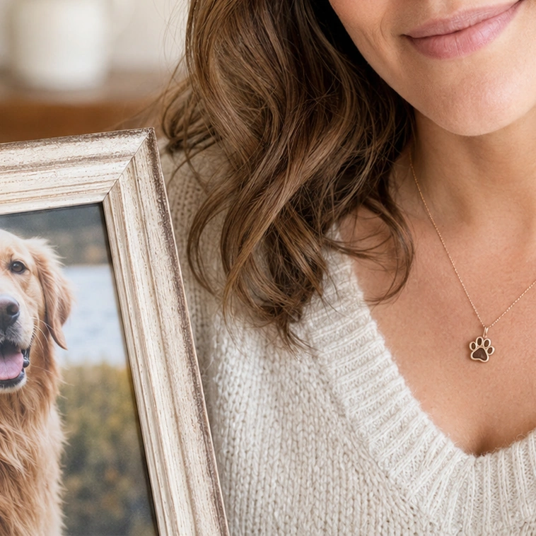 Woman wearing a pet memorial necklace beside Bella’s photo