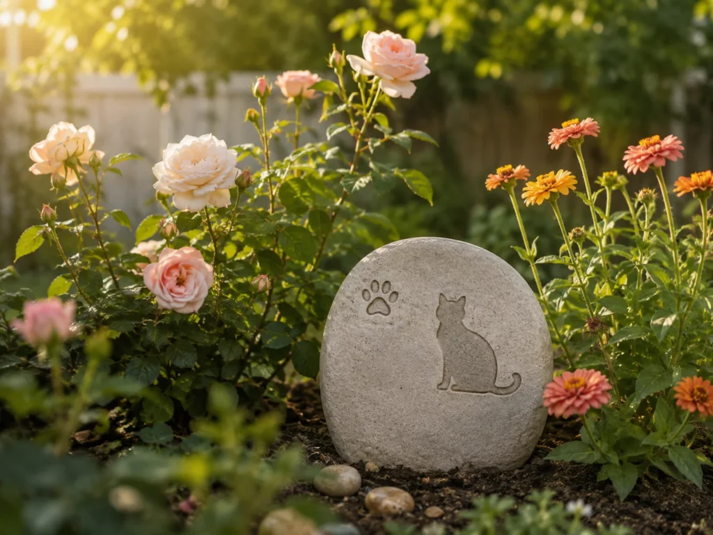 Cat garden memorial marker beside roses and colorful zinnias Cat garden memorial marker beside roses and colorful zinnias