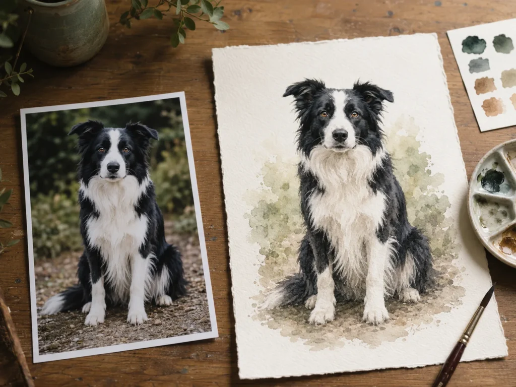 Custom pet portrait beside the original Border Collie photograph Custom pet portrait beside the original Border Collie photograph