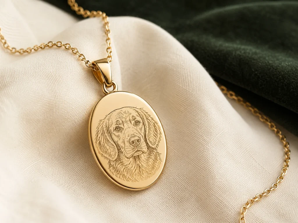 Engraved pet portrait memorial necklace on soft ivory linen Engraved pet portrait memorial necklace on soft ivory linen