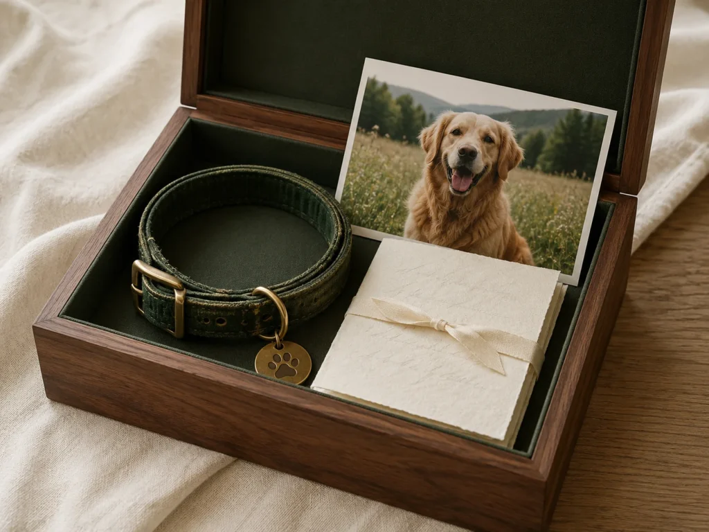Pet keepsake box with a collar, tag, photo, and handwritten note Pet keepsake box with a collar, tag, photo, and handwritten note