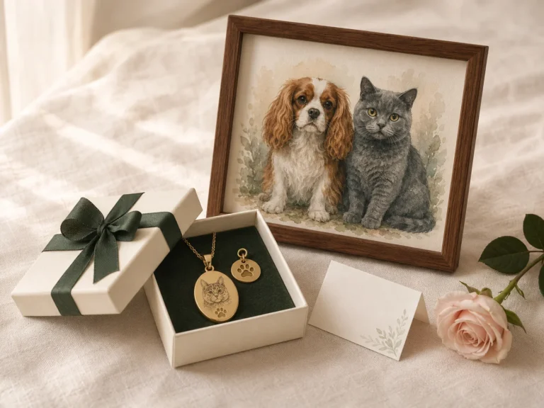 Pet memorial gifts with a dog and cat portrait and engraved jewelry