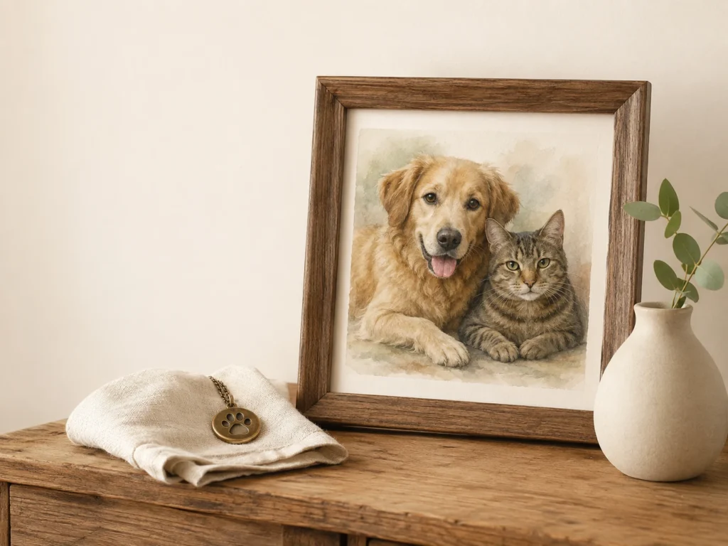Pet memorial gifts with a framed dog and cat portrait and paw keepsake Pet memorial gifts with a framed dog and cat portrait and paw keepsake